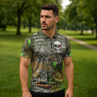 Yeah Nah Graffiti Skull New Zealand Slang Zipper Polo Shirt Kiwi Grunge Brick Wall and Bold Urban Street Art TS04 - Polynesian Pride