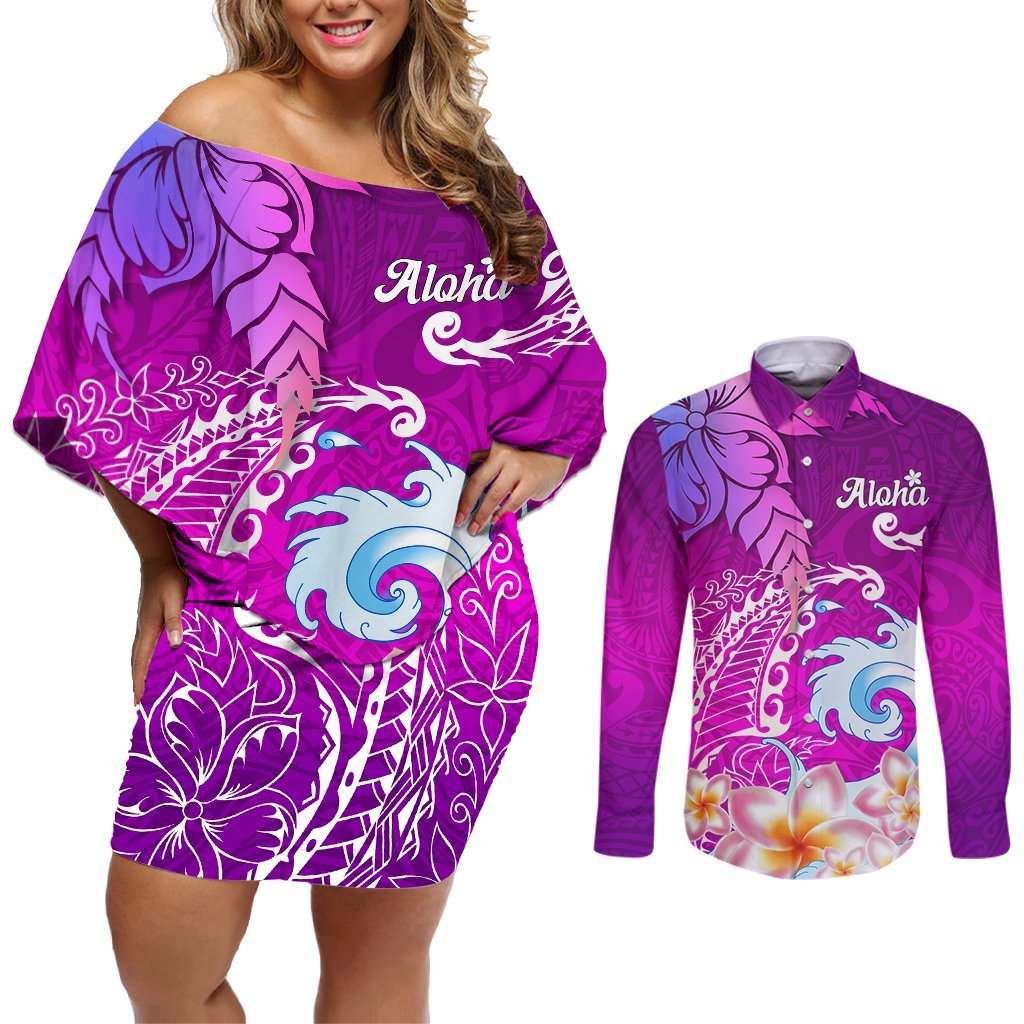 Hawaii Plumeria Flower Couples Matching Off Shoulder Short Dress and Long Sleeve Button Shirts Plumeria FLowers And Polynesian Pattern TS04 Gradient - Polynesian Pride