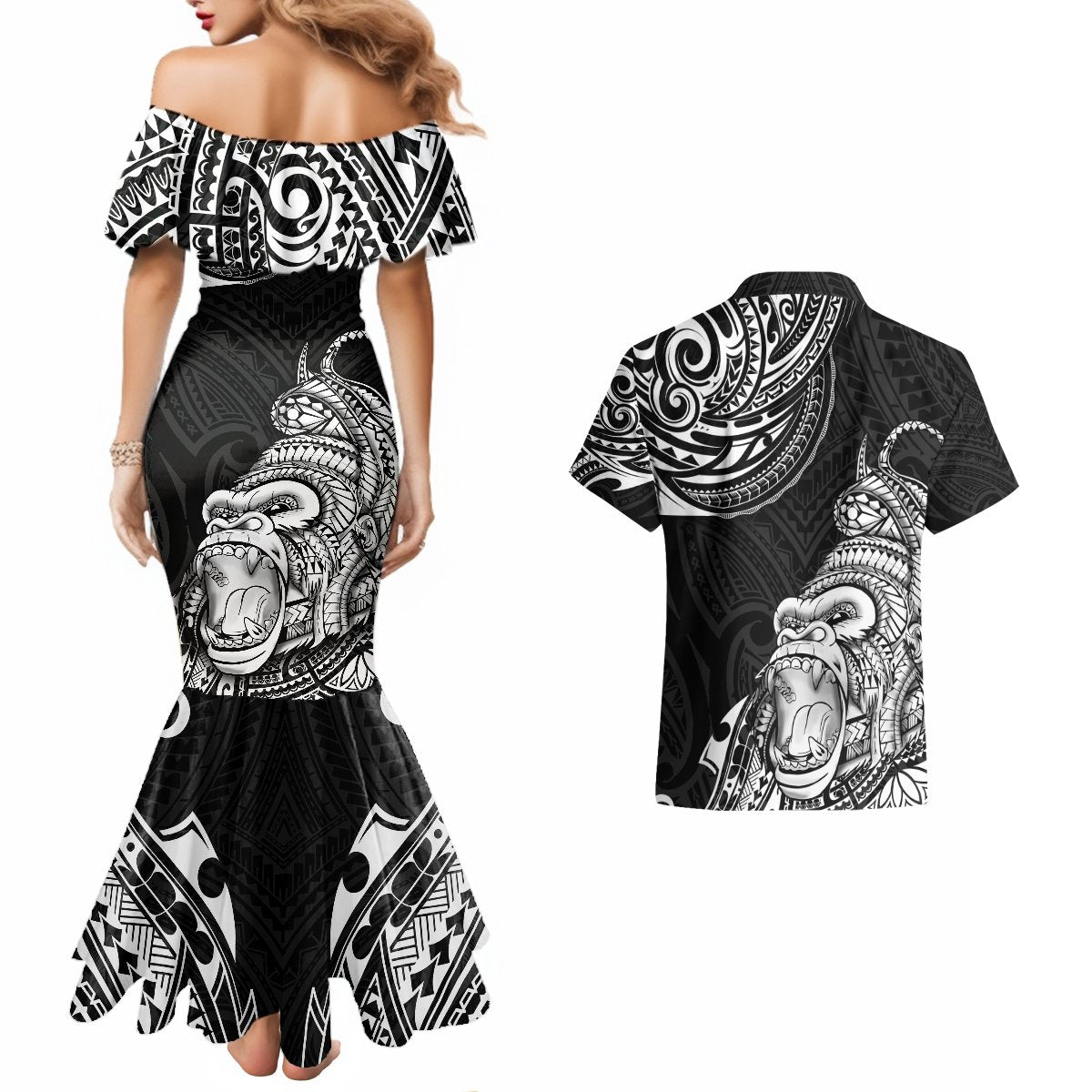 Hawaii Polynesian Couples Matching Mermaid Dress and Hawaiian Shirt Gorila Tatoo Polynesian Style TS04 - Polynesian Pride