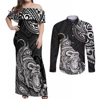 Hawaii Polynesian Couples Matching Off Shoulder Maxi Dress and Long Sleeve Button Shirts Gorila Tatoo Polynesian Style TS04 Black - Polynesian Pride