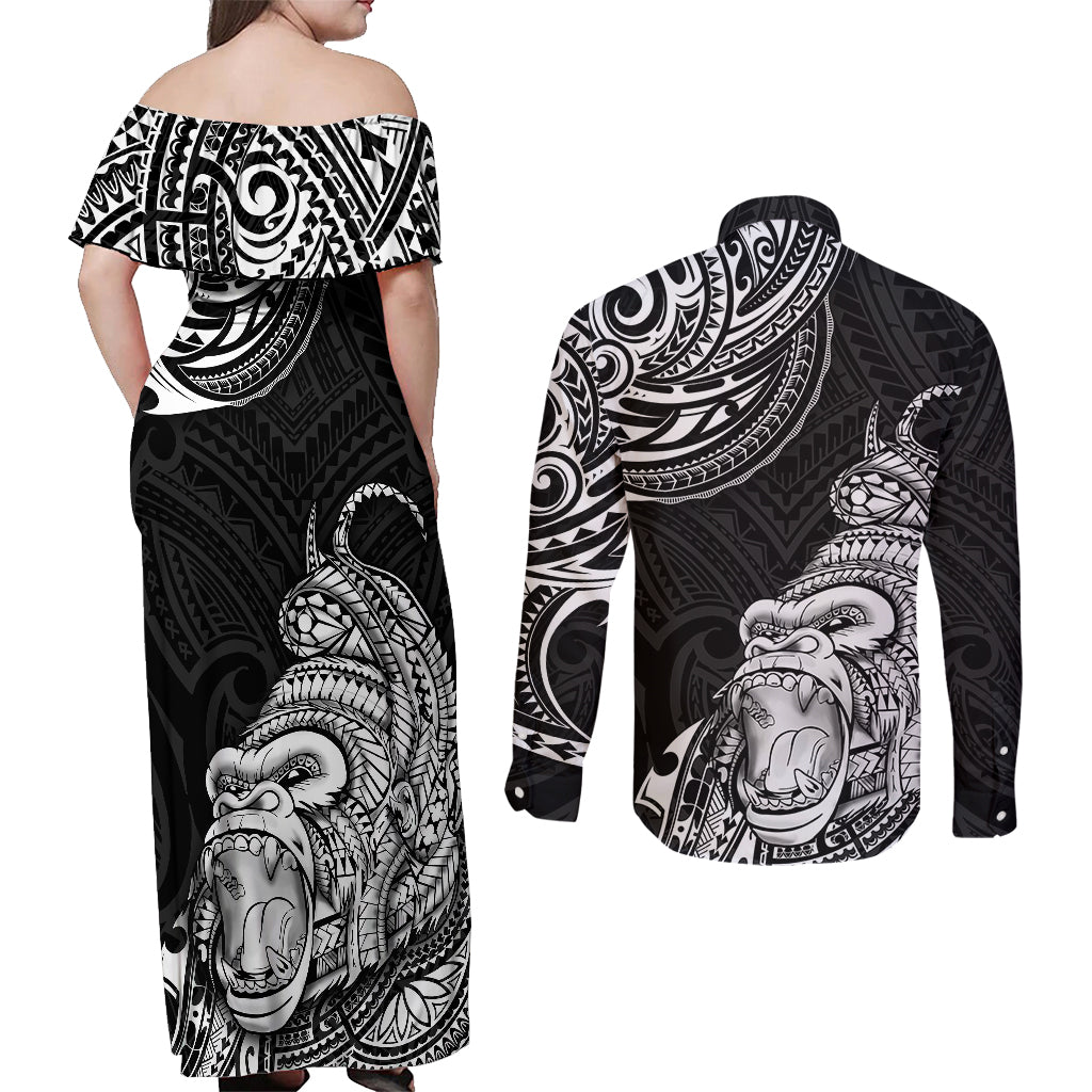 Hawaii Polynesian Couples Matching Off Shoulder Maxi Dress and Long Sleeve Button Shirts Gorila Tatoo Polynesian Style TS04 - Polynesian Pride