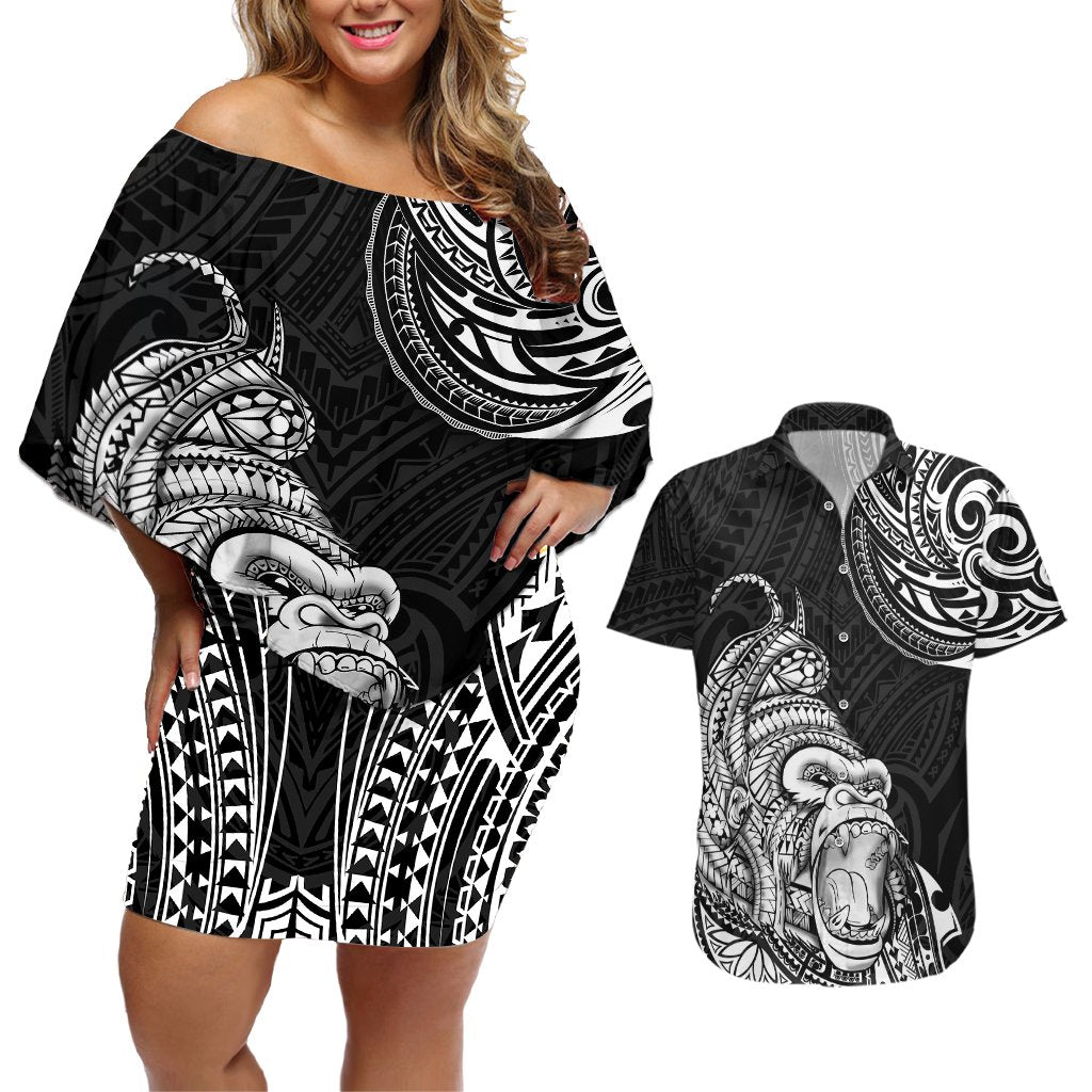 Hawaii Polynesian Couples Matching Off Shoulder Short Dress and Hawaiian Shirt Gorila Tatoo Polynesian Style TS04 Black - Polynesian Pride