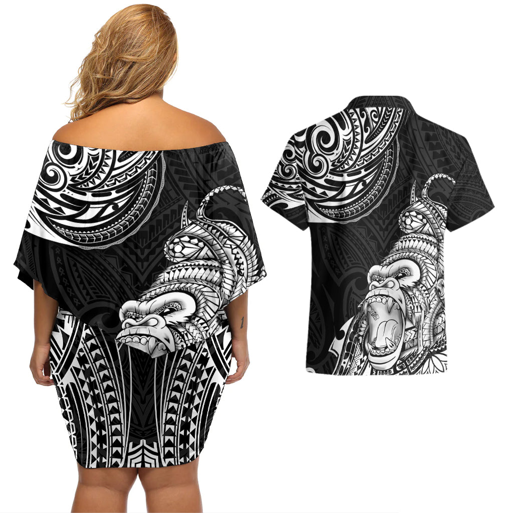 Hawaii Polynesian Couples Matching Off Shoulder Short Dress and Hawaiian Shirt Gorila Tatoo Polynesian Style TS04 - Polynesian Pride