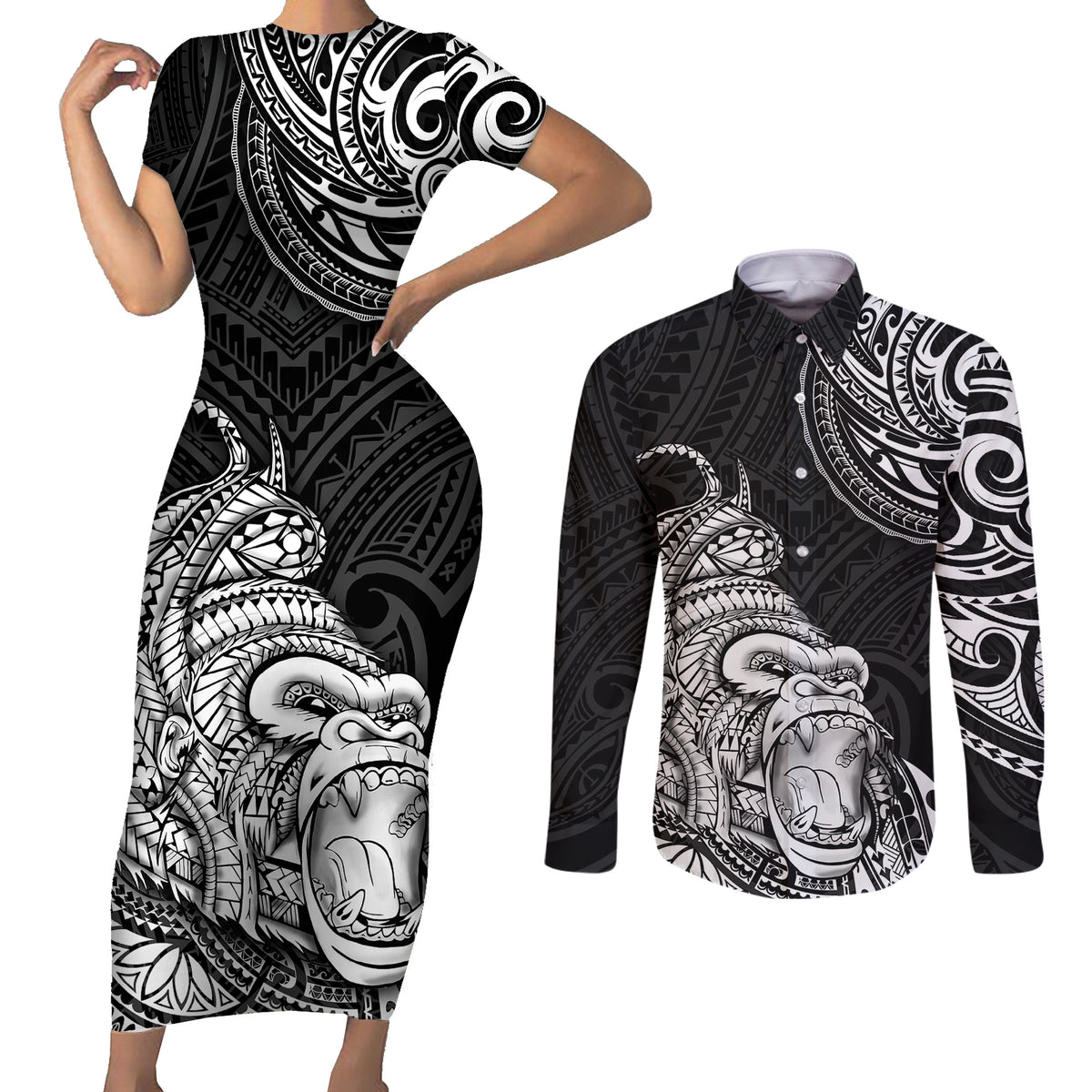 Hawaii Polynesian Couples Matching Short Sleeve Bodycon Dress and Long Sleeve Button Shirts Gorila Tatoo Polynesian Style TS04 Black - Polynesian Pride