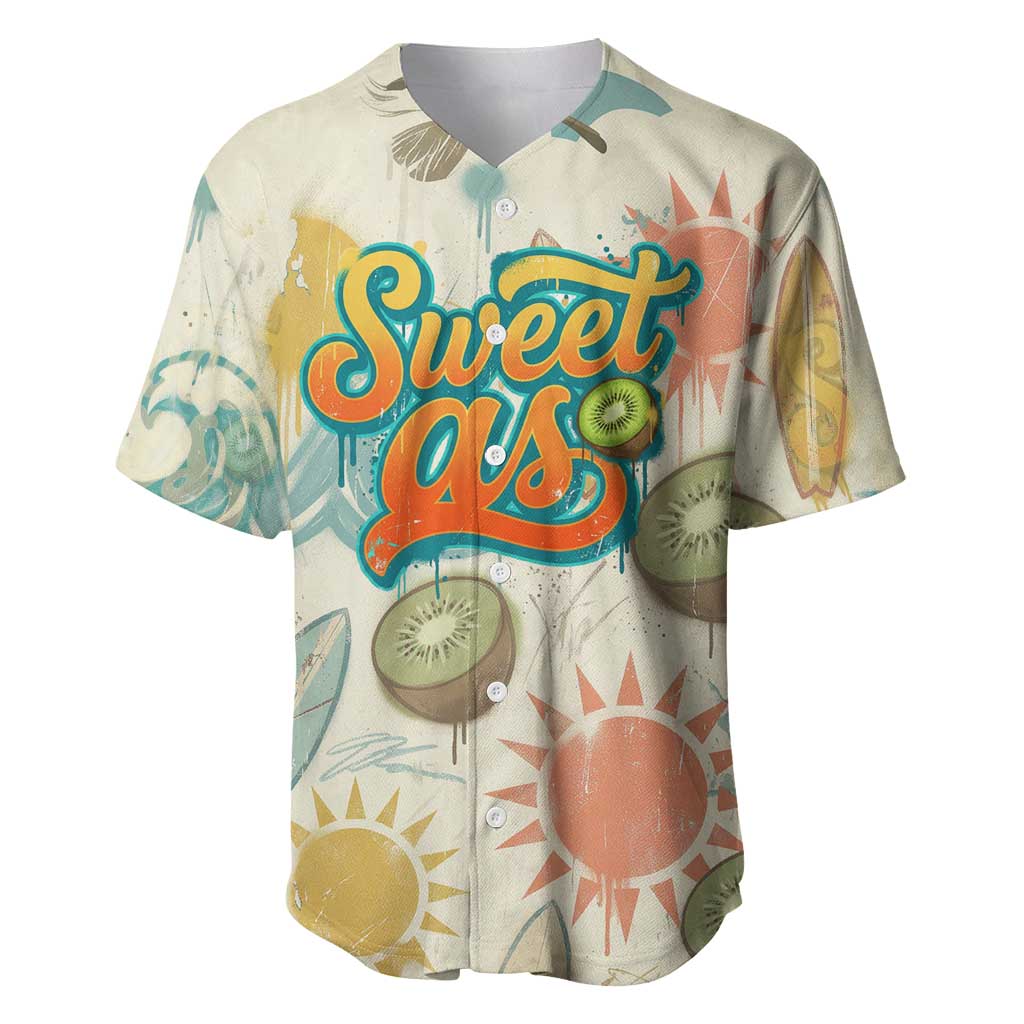 NZ Slang Sweet As Kiwi Shaka Sign Baseball Jersey New Zealand Surfboards Sun and Tropical Beach Retro