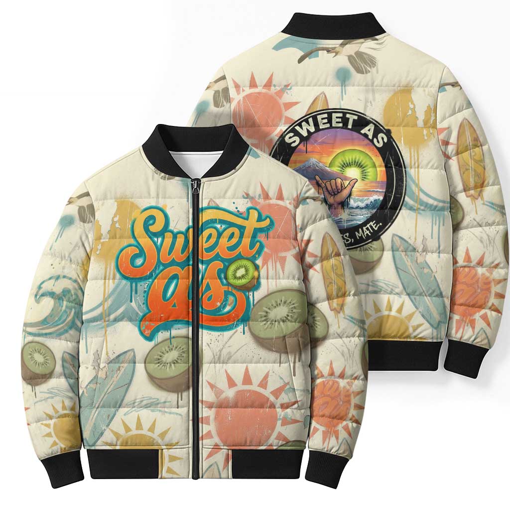 NZ Slang Sweet As Kiwi Shaka Sign Bomber Puffer Jacket New Zealand Surfboards Sun and Tropical Beach Retro TS04 - Polynesian Pride