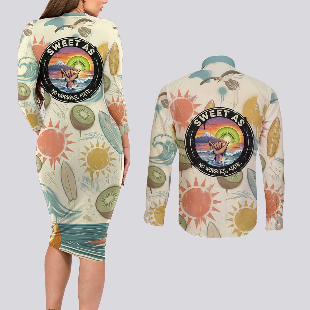 NZ Slang Sweet As Kiwi Shaka Sign Couples Matching Long Sleeve Bodycon Dress and Long Sleeve Button Shirt New Zealand Surfboards Sun and Tropical Beach Retro TS04 - Polynesian Pride