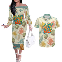 NZ Slang Sweet As Kiwi Shaka Sign Couples Matching Off The Shoulder Long Sleeve Dress and Hawaiian Shirt New Zealand Surfboards Sun and Tropical Beach Retro TS04 Beige - Polynesian Pride