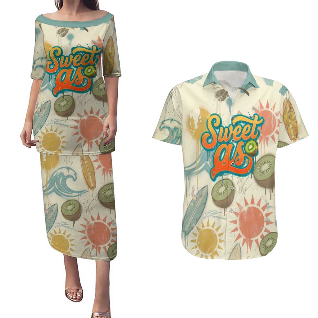 NZ Slang Sweet As Kiwi Shaka Sign Couples Matching Puletasi and Hawaiian Shirt New Zealand Surfboards Sun and Tropical Beach Retro TS04 Beige - Polynesian Pride