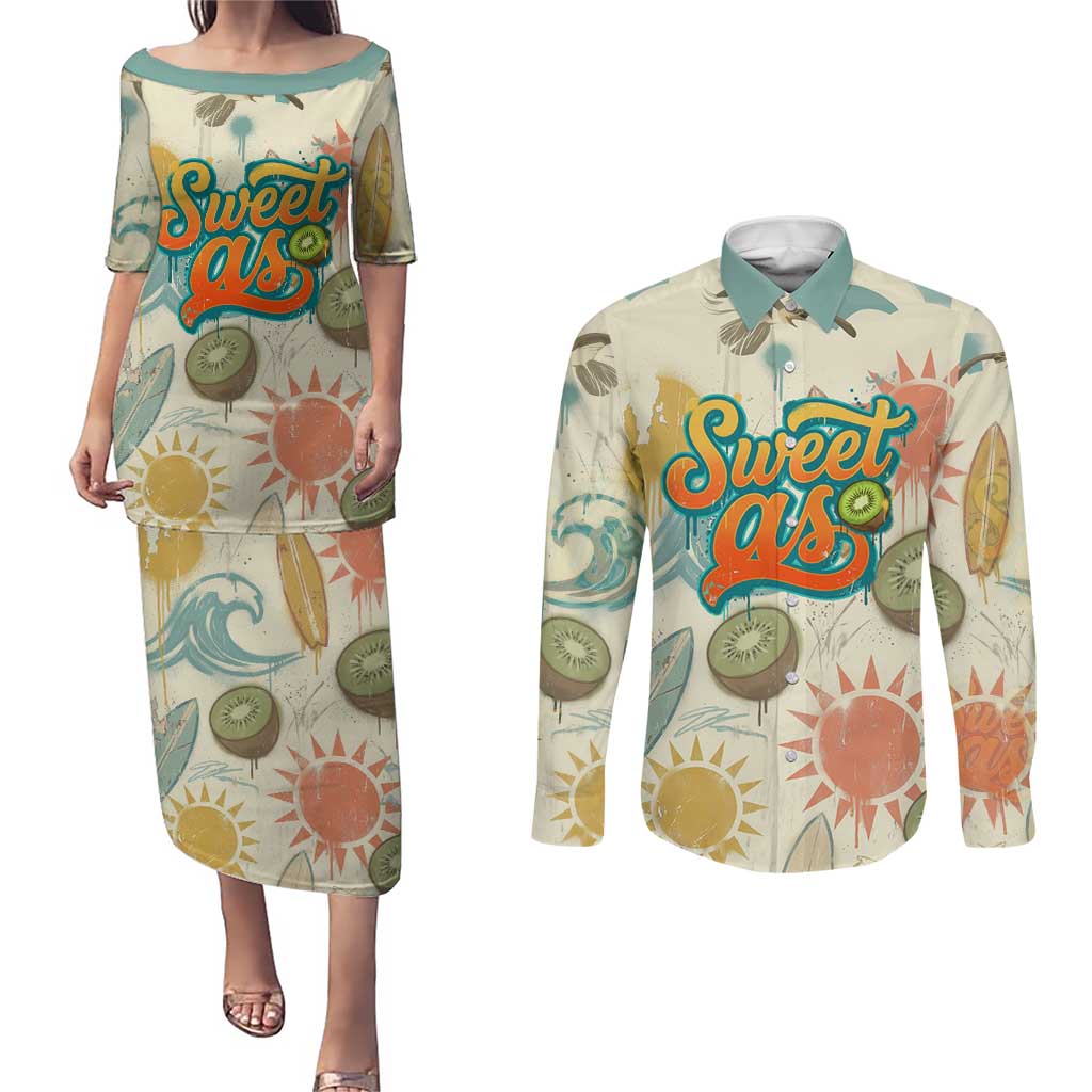 NZ Slang Sweet As Kiwi Shaka Sign Couples Matching Puletasi and Long Sleeve Button Shirt New Zealand Surfboards Sun and Tropical Beach Retro