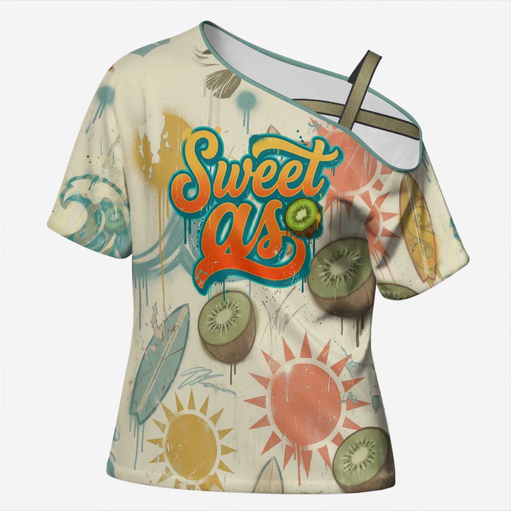 NZ Slang Sweet As Kiwi Shaka Sign Cross Shoulder Shirt New Zealand Surfboards Sun and Tropical Beach Retro