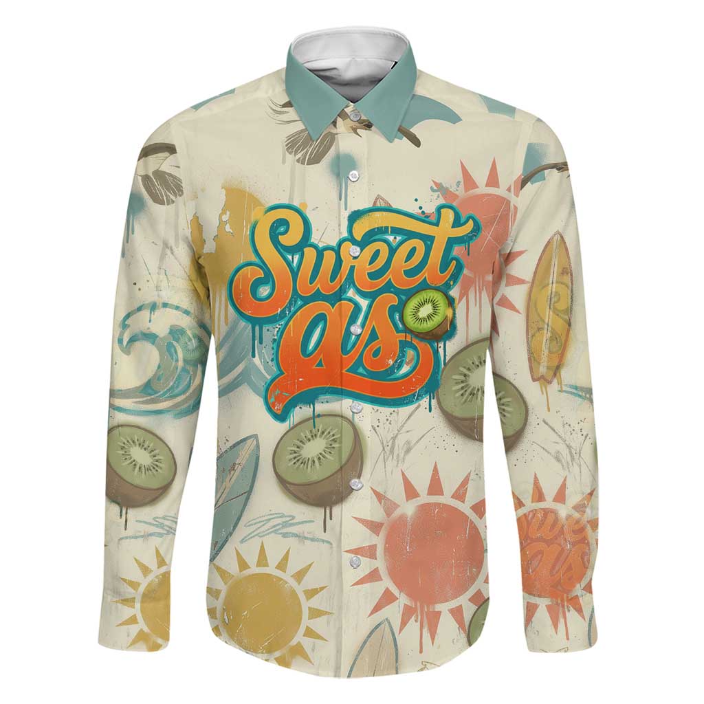 NZ Slang Sweet As Kiwi Shaka Sign Family Matching Long Sleeve Bodycon Dress and Hawaiian Shirt New Zealand Surfboards Sun and Tropical Beach Retro TS04 Dad's Shirt - Long Sleeve Beige - Polynesian Pride