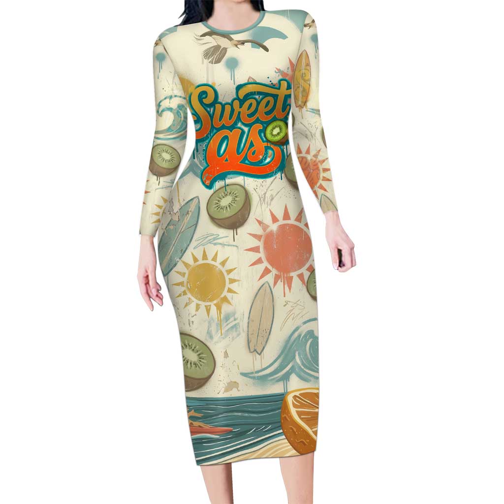 NZ Slang Sweet As Kiwi Shaka Sign Family Matching Long Sleeve Bodycon Dress and Hawaiian Shirt New Zealand Surfboards Sun and Tropical Beach Retro TS04 Mom's Dress Beige - Polynesian Pride