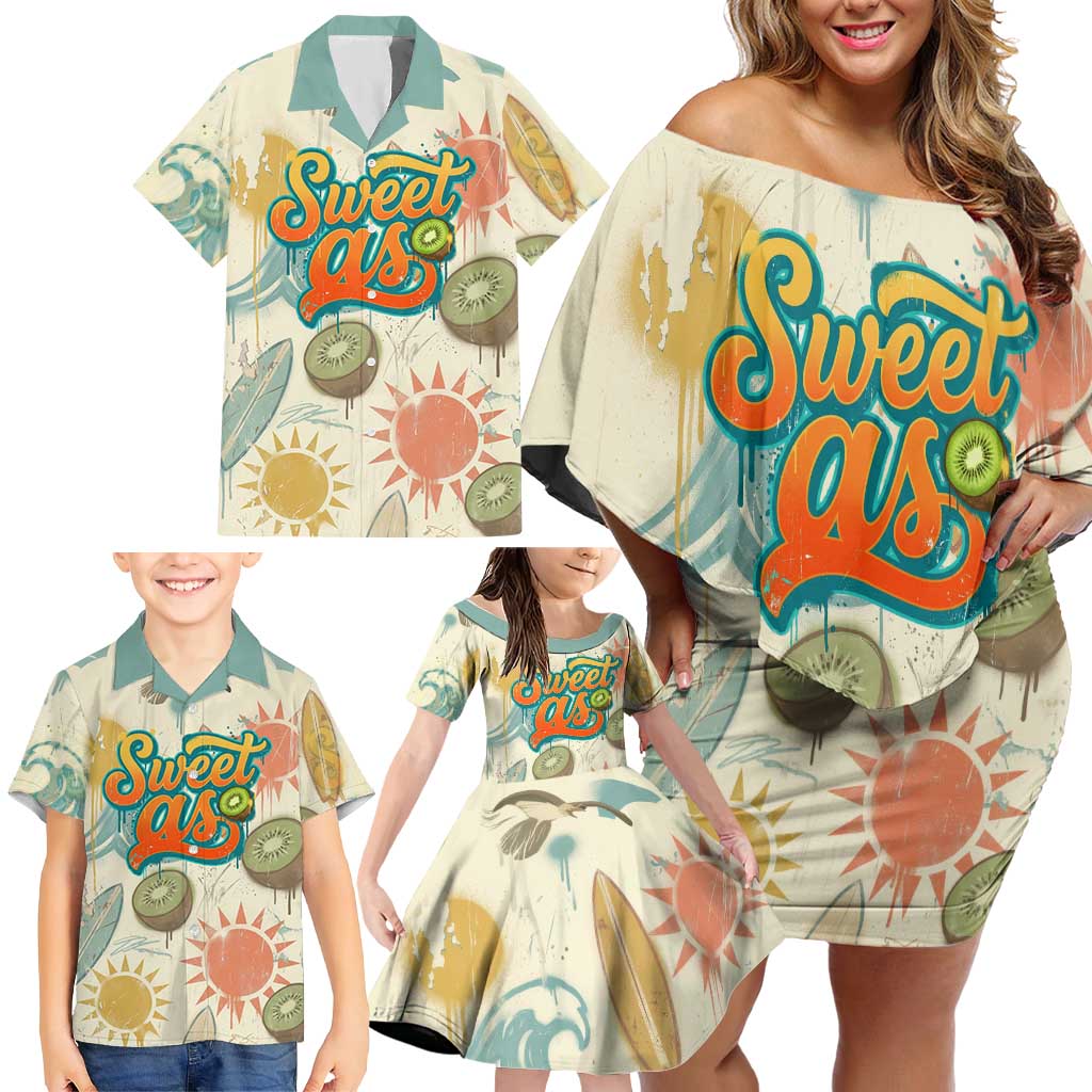 NZ Slang Sweet As Kiwi Shaka Sign Family Matching Off Shoulder Short Dress and Hawaiian Shirt New Zealand Surfboards Sun and Tropical Beach Retro