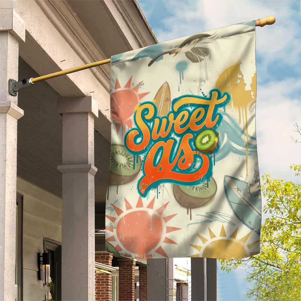 NZ Slang Sweet As Kiwi Shaka Sign Garden Flag New Zealand Surfboards Sun and Tropical Beach Retro