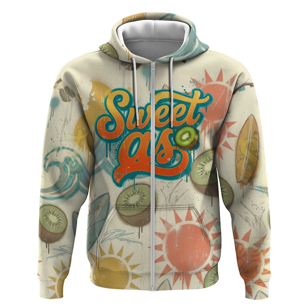 NZ Slang Sweet As Kiwi Shaka Sign Hoodie New Zealand Surfboards Sun and Tropical Beach Retro TS04 Zip Hoodie Beige - Polynesian Pride