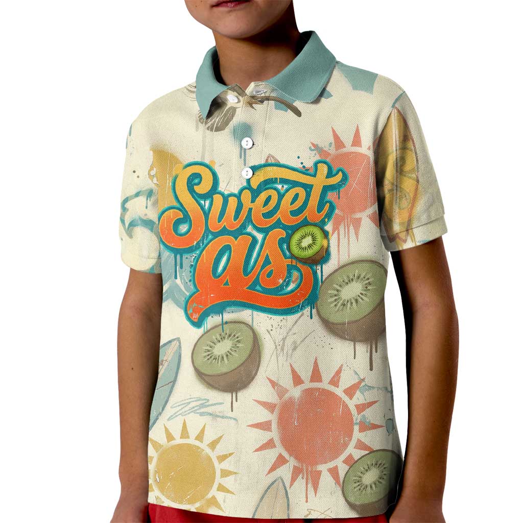 NZ Slang Sweet As Kiwi Shaka Sign Kid Polo Shirt New Zealand Surfboards Sun and Tropical Beach Retro