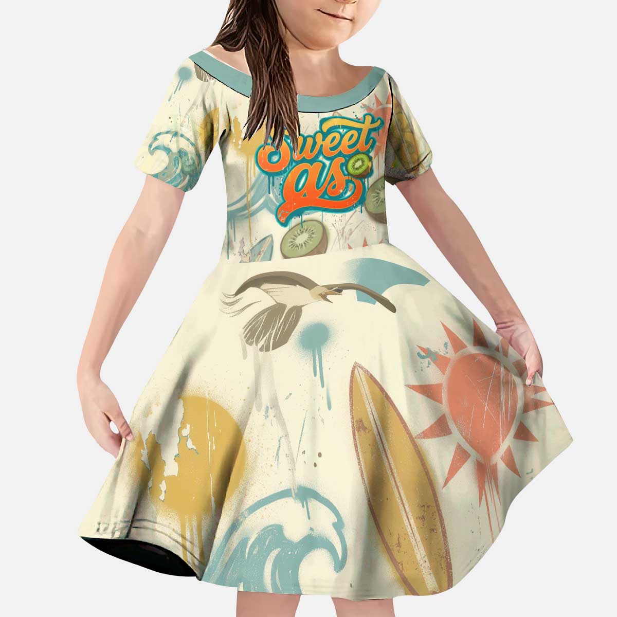 NZ Slang Sweet As Kiwi Shaka Sign Kid Short Sleeve Dress New Zealand Surfboards Sun and Tropical Beach Retro TS04 KID Beige - Polynesian Pride