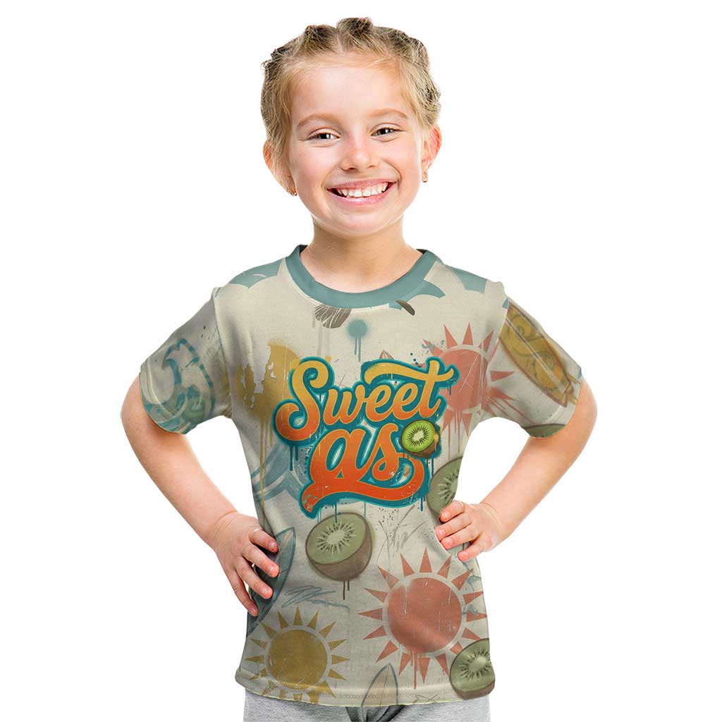 NZ Slang Sweet As Kiwi Shaka Sign Kid T Shirt New Zealand Surfboards Sun and Tropical Beach Retro TS04 Beige - Polynesian Pride