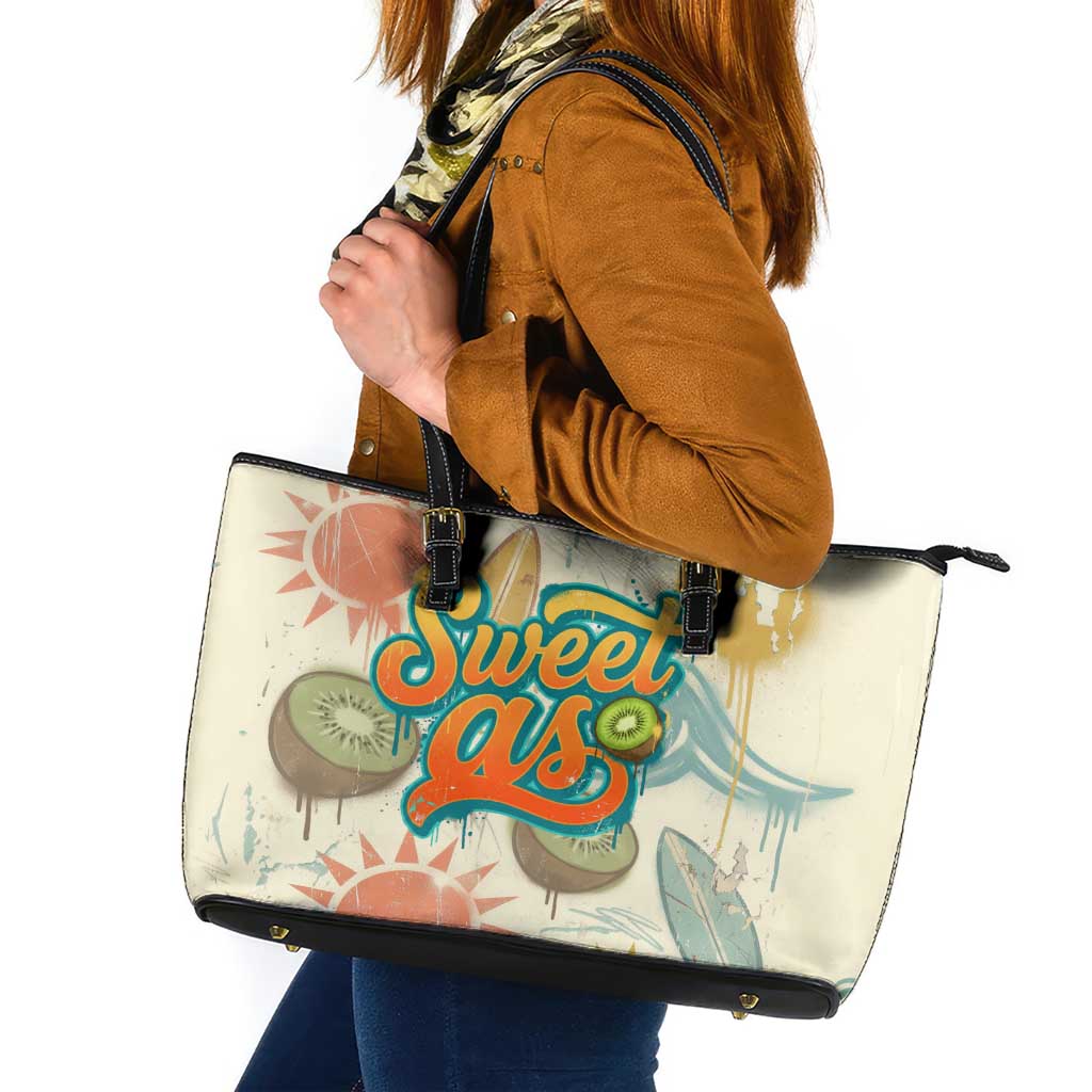 NZ Slang Sweet As Kiwi Shaka Sign Leather Tote Bag New Zealand Surfboards Sun and Tropical Beach Retro TS04 Beige - Polynesian Pride