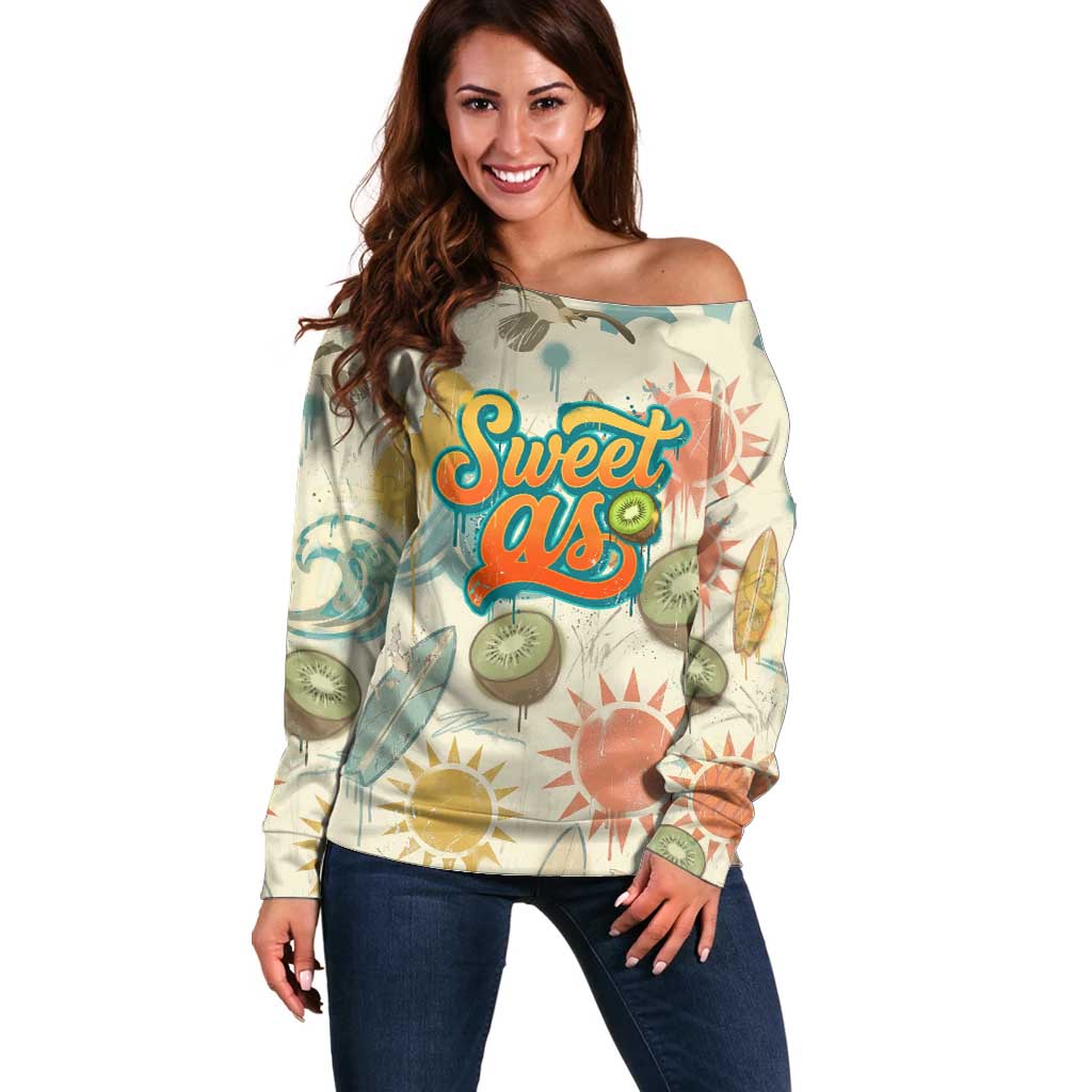 NZ Slang Sweet As Kiwi Shaka Sign Off Shoulder Sweater New Zealand Surfboards Sun and Tropical Beach Retro TS04 Women Beige - Polynesian Pride