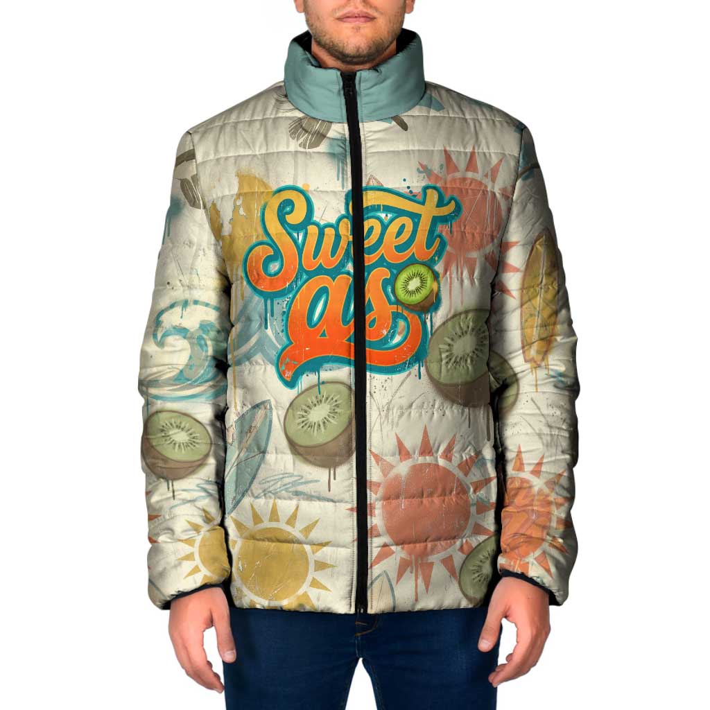 NZ Slang Sweet As Kiwi Shaka Sign Padded Jacket New Zealand Surfboards Sun and Tropical Beach Retro TS04 Men Beige - Polynesian Pride