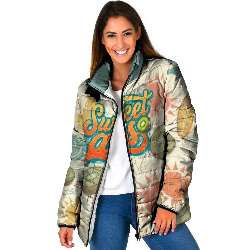 NZ Slang Sweet As Kiwi Shaka Sign Padded Jacket New Zealand Surfboards Sun and Tropical Beach Retro TS04 Women Beige - Polynesian Pride