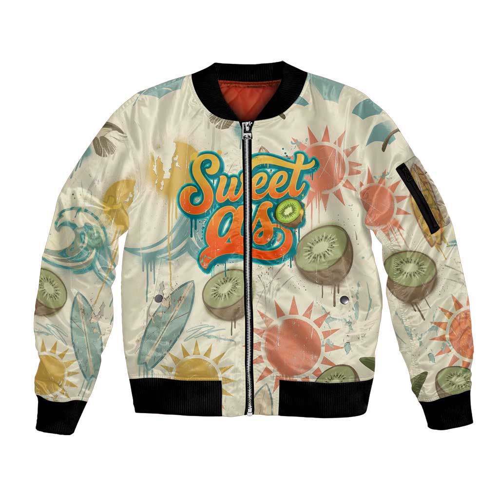 NZ Slang Sweet As Kiwi Shaka Sign Sleeve Zip Bomber Jacket New Zealand Surfboards Sun and Tropical Beach Retro TS04 Unisex Beige - Polynesian Pride