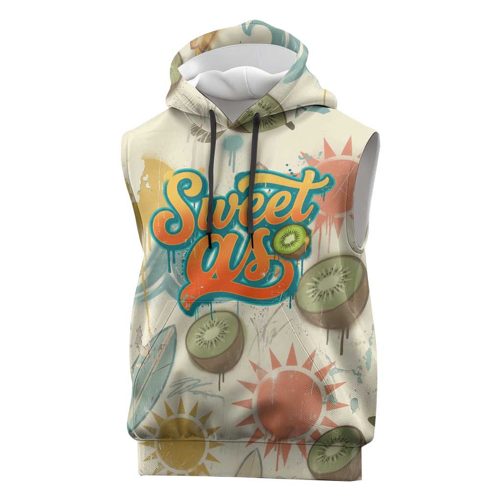 NZ Slang Sweet As Kiwi Shaka Sign Sleeveless Hoodie New Zealand Surfboards Sun and Tropical Beach Retro