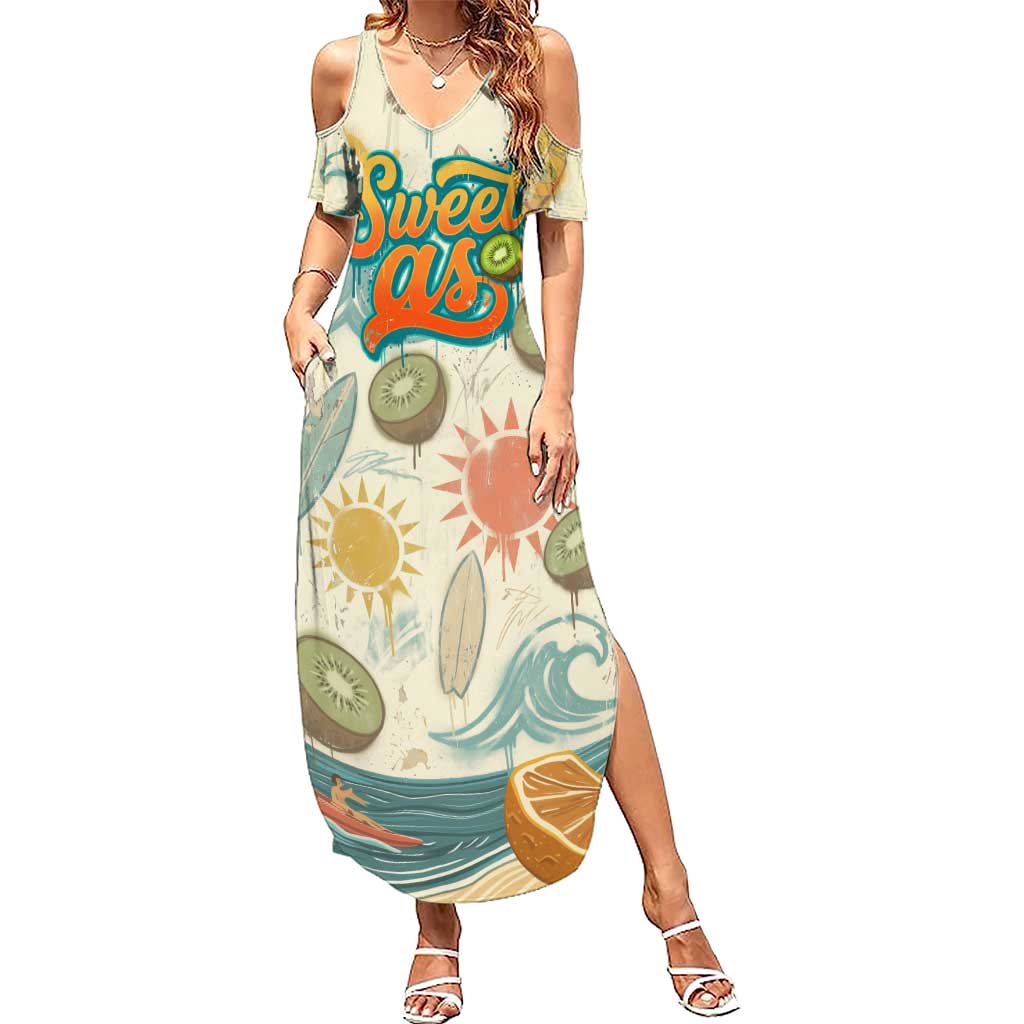 NZ Slang Sweet As Kiwi Shaka Sign Summer Maxi Dress New Zealand Surfboards Sun and Tropical Beach Retro TS04 Women Beige - Polynesian Pride