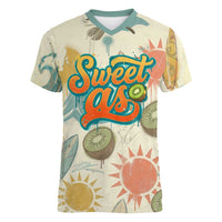 NZ Slang Sweet As Kiwi Shaka Sign Women V-Neck T-Shirt New Zealand Surfboards Sun and Tropical Beach Retro TS04 Female Beige - Polynesian Pride