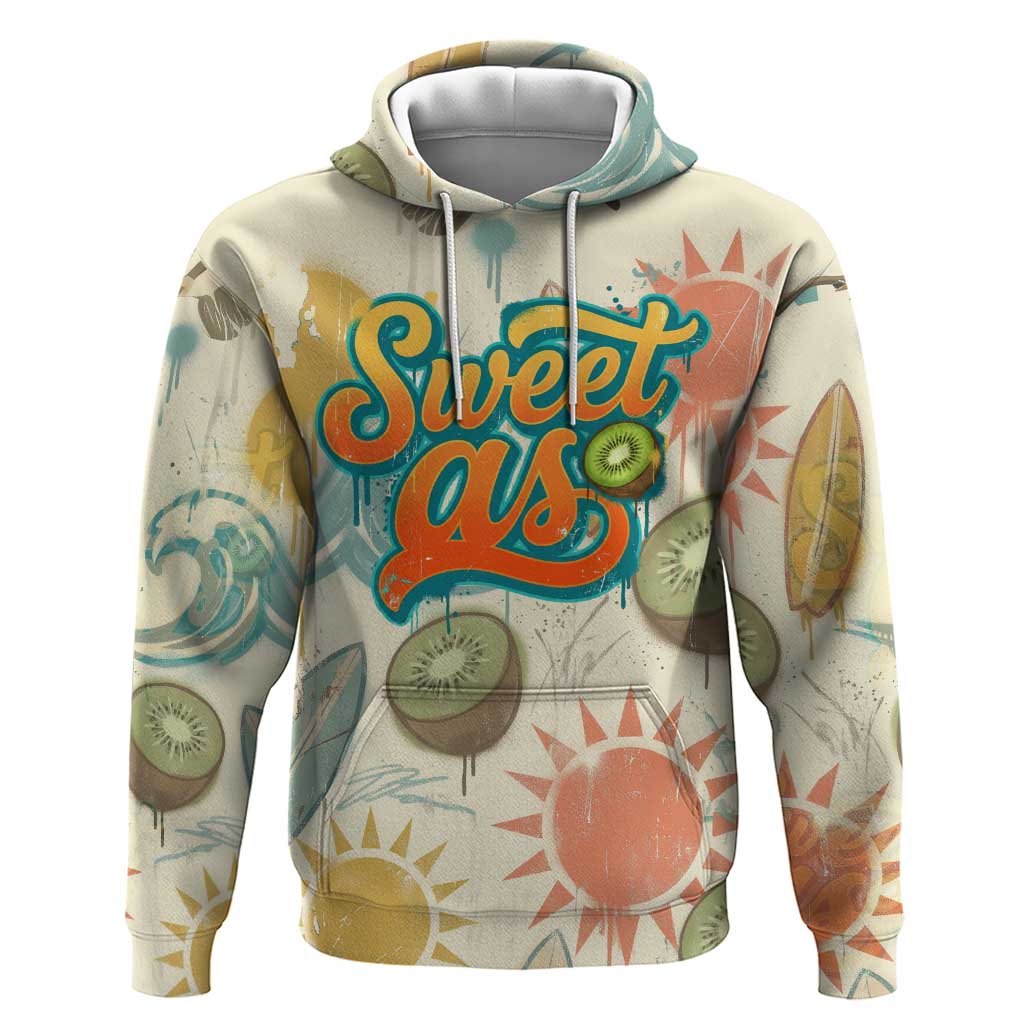 NZ Slang Sweet As Kiwi Shaka Sign Zip Hoodie New Zealand Surfboards Sun and Tropical Beach Retro TS04 Pullover Hoodie Beige - Polynesian Pride