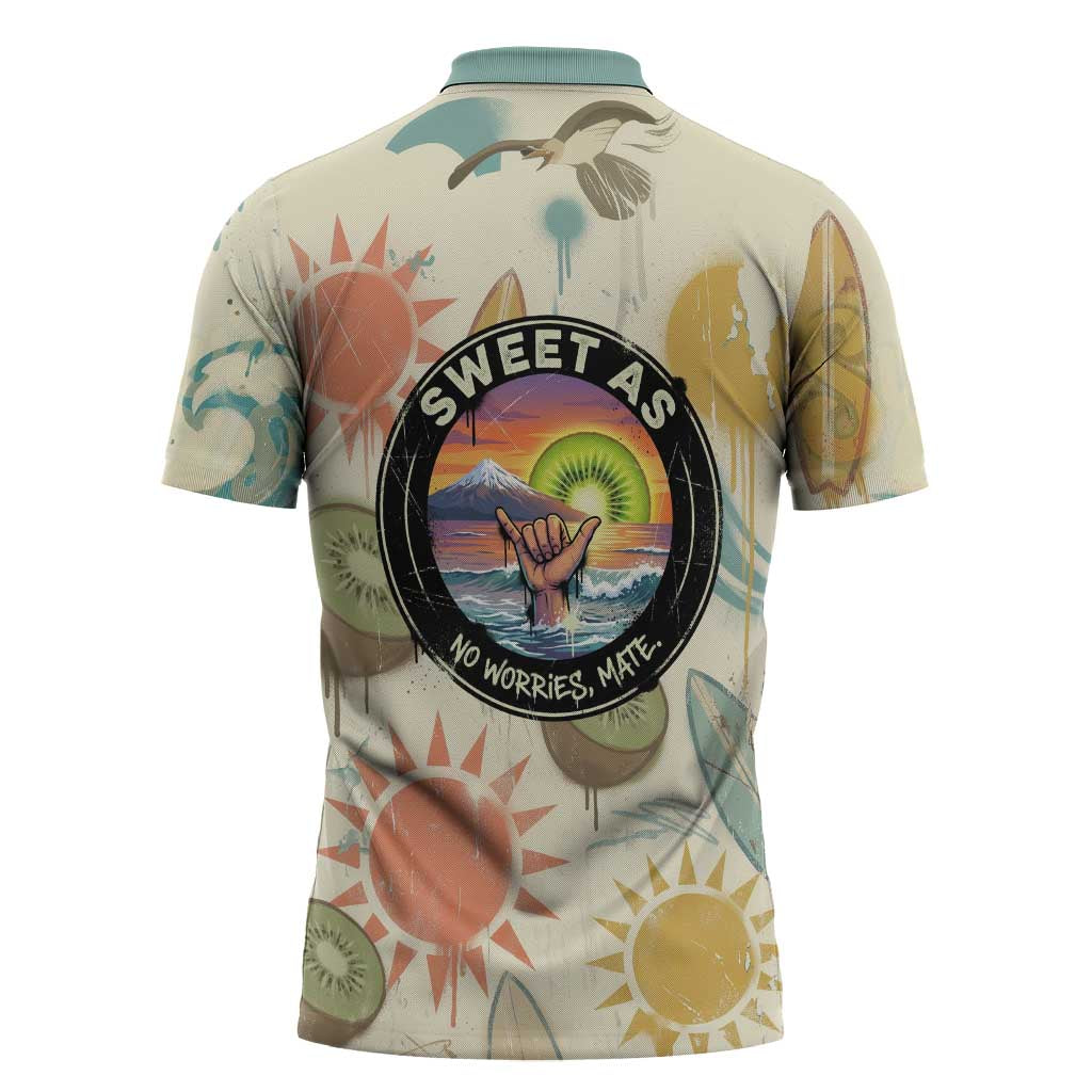 NZ Slang Sweet As Kiwi Shaka Sign Zipper Polo Shirt New Zealand Surfboards Sun and Tropical Beach Retro TS04 - Polynesian Pride