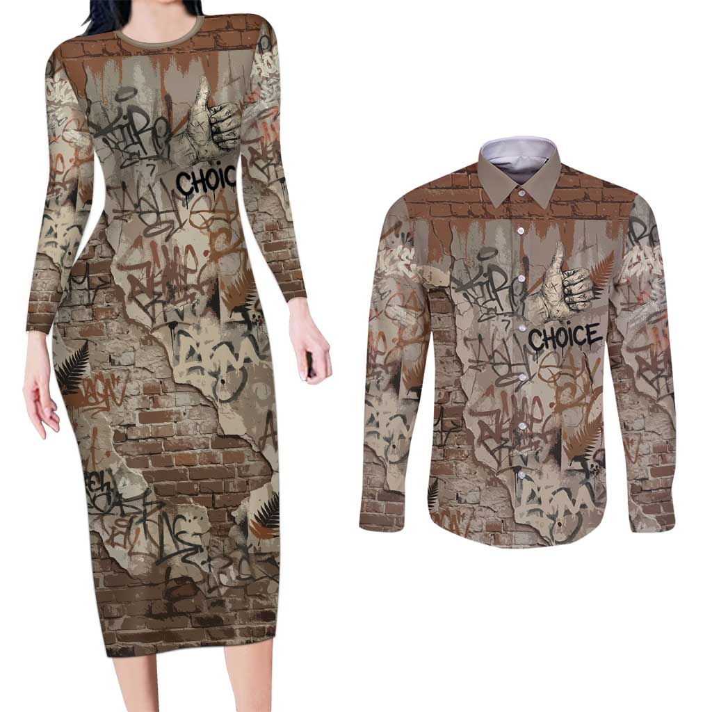 Choice Bro Graffiti Handshake Couples Matching Long Sleeve Bodycon Dress and Long Sleeve Button Shirt New Zealand Slang Fern Brick Wall and Urban Street Art TS04 Multicolor - Polynesian Pride