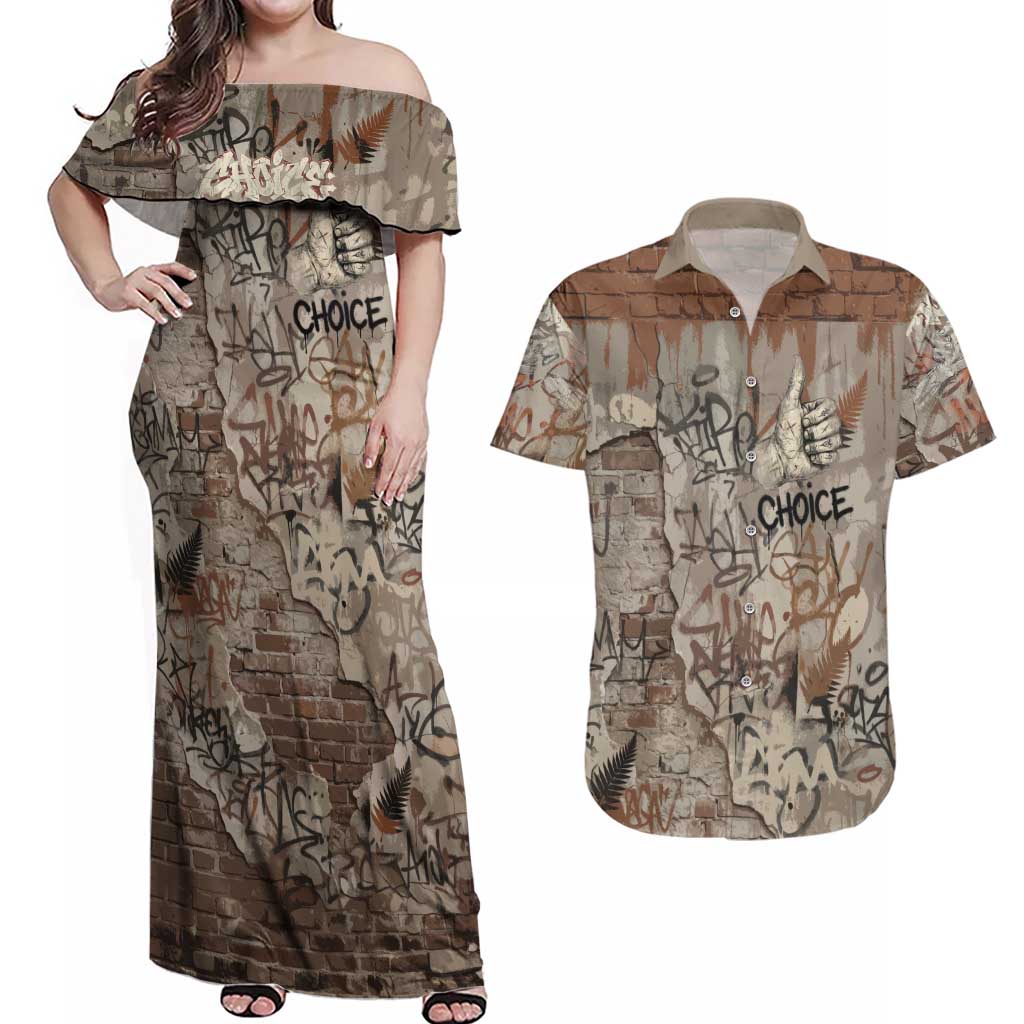 Choice Bro Graffiti Handshake Couples Matching Off Shoulder Maxi Dress and Hawaiian Shirt New Zealand Slang Fern Brick Wall and Urban Street Art TS04 Multicolor - Polynesian Pride