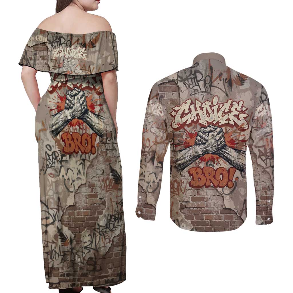 Choice Bro Graffiti Handshake Couples Matching Off Shoulder Maxi Dress and Long Sleeve Button Shirt New Zealand Slang Fern Brick Wall and Urban Street Art TS04 - Polynesian Pride
