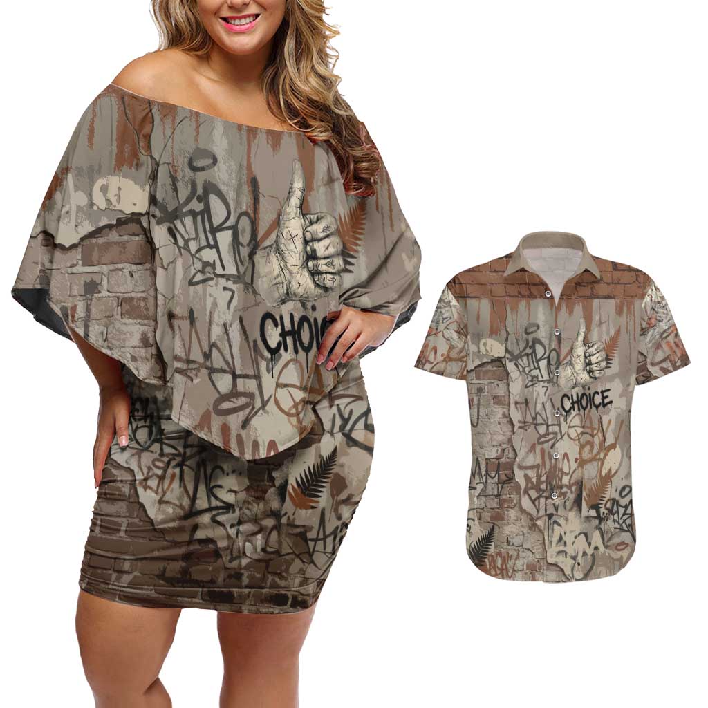 Choice Bro Graffiti Handshake Couples Matching Off Shoulder Short Dress and Hawaiian Shirt New Zealand Slang Fern Brick Wall and Urban Street Art TS04 Multicolor - Polynesian Pride