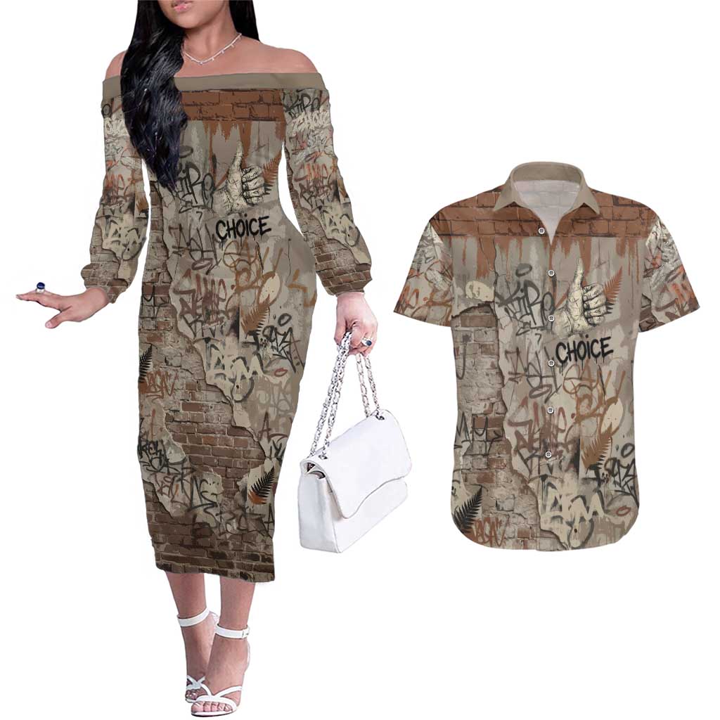Choice Bro Graffiti Handshake Couples Matching Off The Shoulder Long Sleeve Dress and Hawaiian Shirt New Zealand Slang Fern Brick Wall and Urban Street Art TS04 Multicolor - Polynesian Pride
