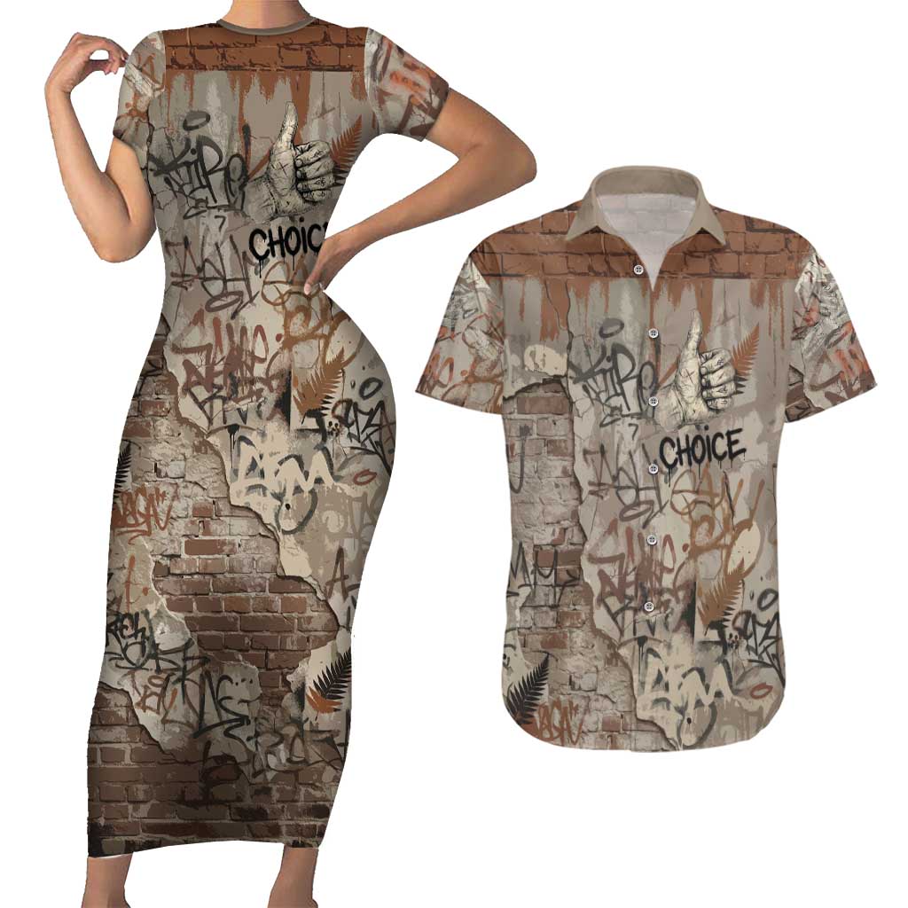 Choice Bro Graffiti Handshake Couples Matching Short Sleeve Bodycon Dress and Hawaiian Shirt New Zealand Slang Fern Brick Wall and Urban Street Art TS04 Multicolor - Polynesian Pride