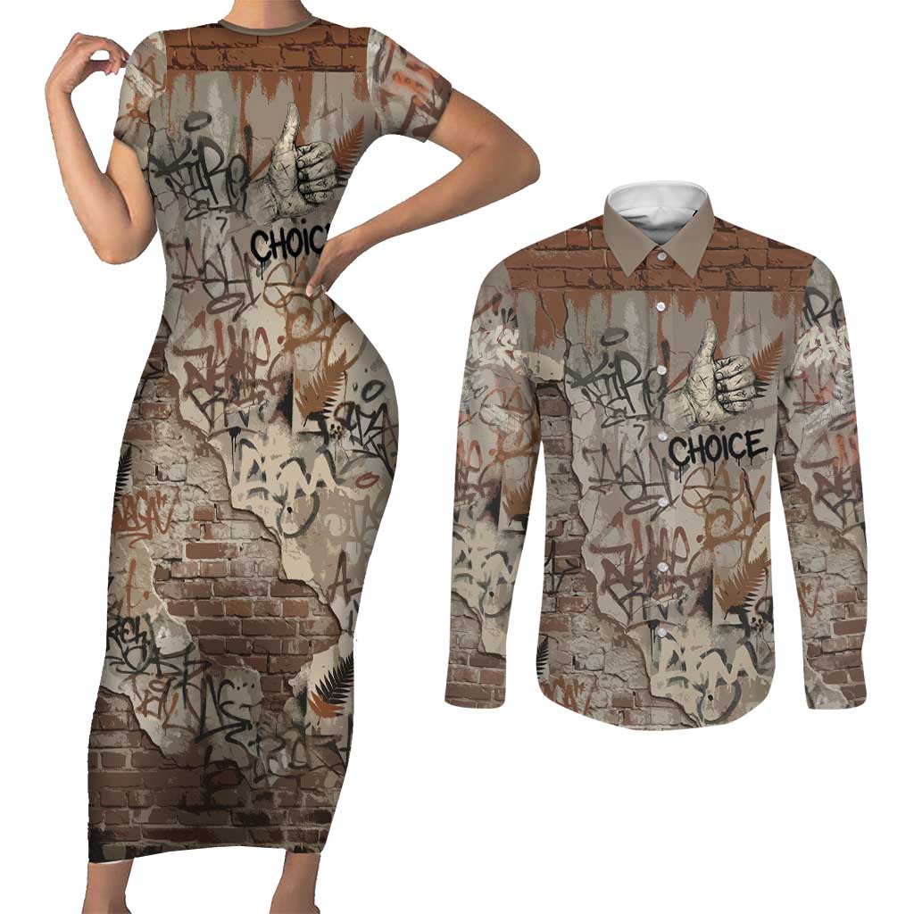 Choice Bro Graffiti Handshake Couples Matching Short Sleeve Bodycon Dress and Long Sleeve Button Shirt New Zealand Slang Fern Brick Wall and Urban Street Art TS04 Multicolor - Polynesian Pride