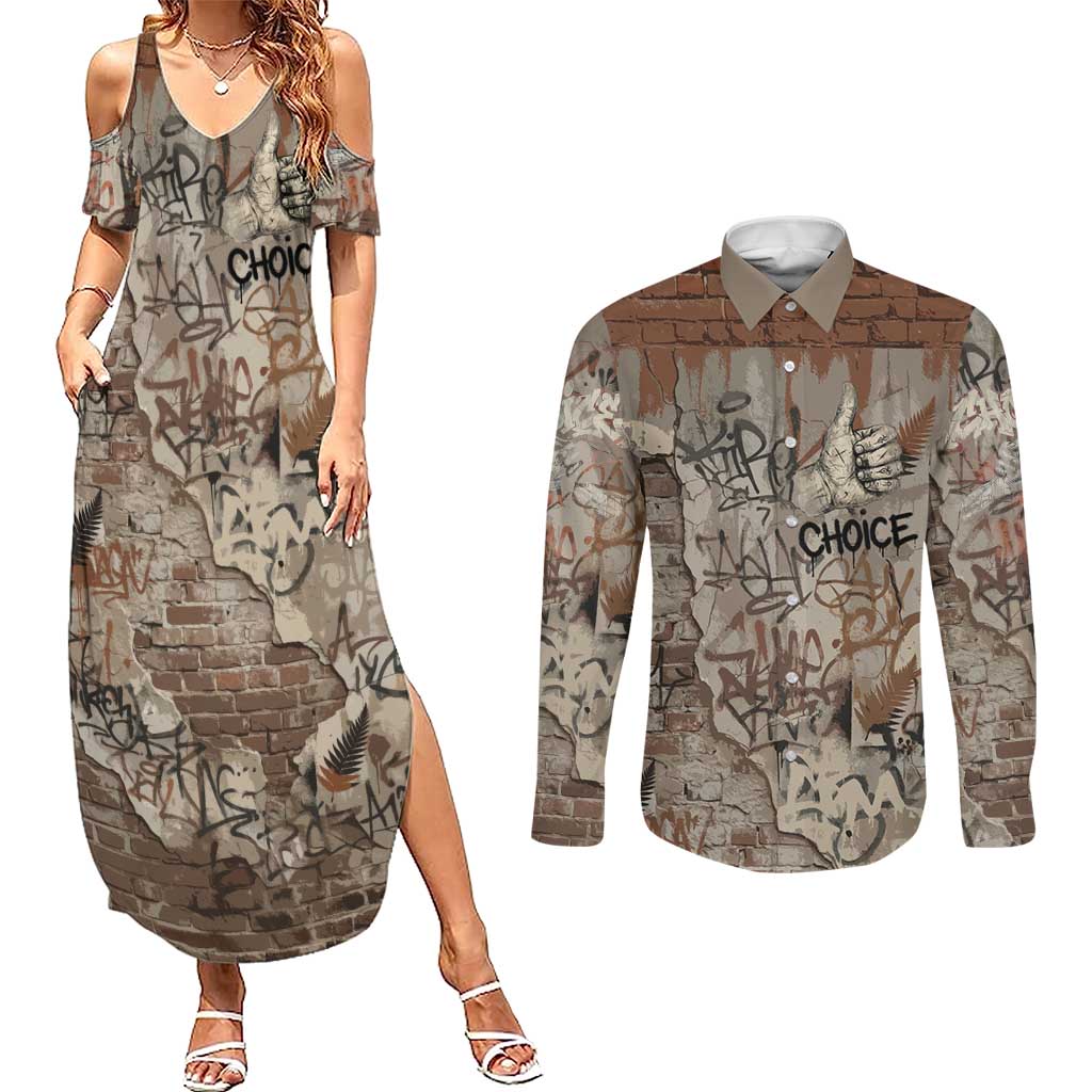 Choice Bro Graffiti Handshake Couples Matching Summer Maxi Dress and Long Sleeve Button Shirt New Zealand Slang Fern Brick Wall and Urban Street Art TS04 Multicolor - Polynesian Pride