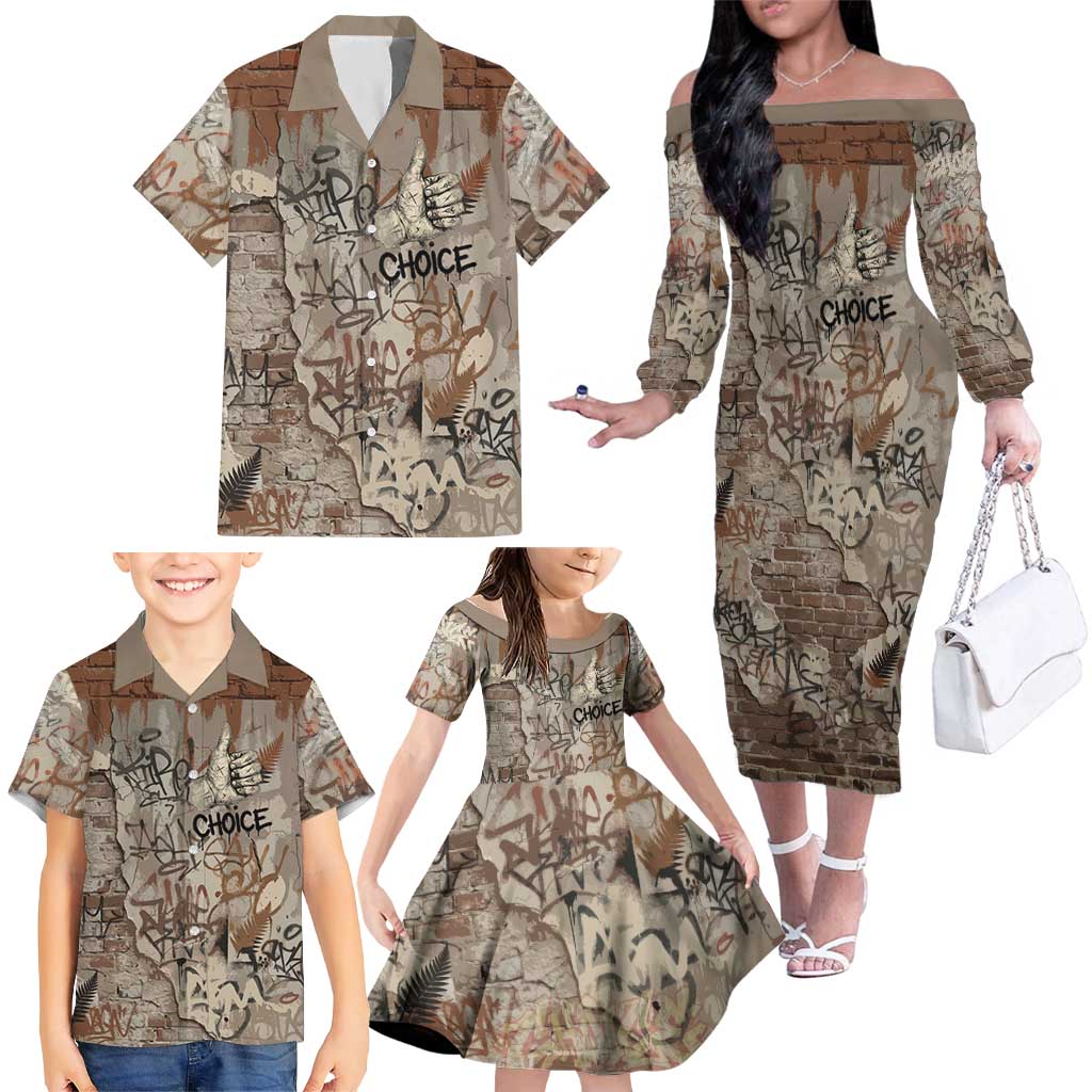 Choice Bro Graffiti Handshake Family Matching Off The Shoulder Long Sleeve Dress and Hawaiian Shirt New Zealand Slang Fern Brick Wall and Urban Street Art