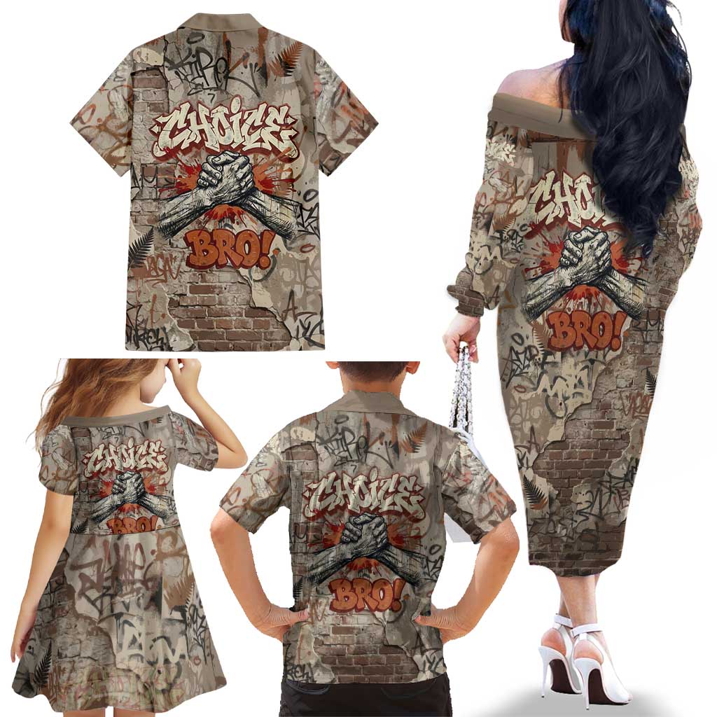 Choice Bro Graffiti Handshake Family Matching Off The Shoulder Long Sleeve Dress and Hawaiian Shirt New Zealand Slang Fern Brick Wall and Urban Street Art TS04 - Polynesian Pride
