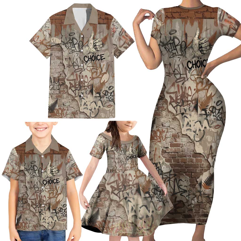 Choice Bro Graffiti Handshake Family Matching Short Sleeve Bodycon Dress and Hawaiian Shirt New Zealand Slang Fern Brick Wall and Urban Street Art