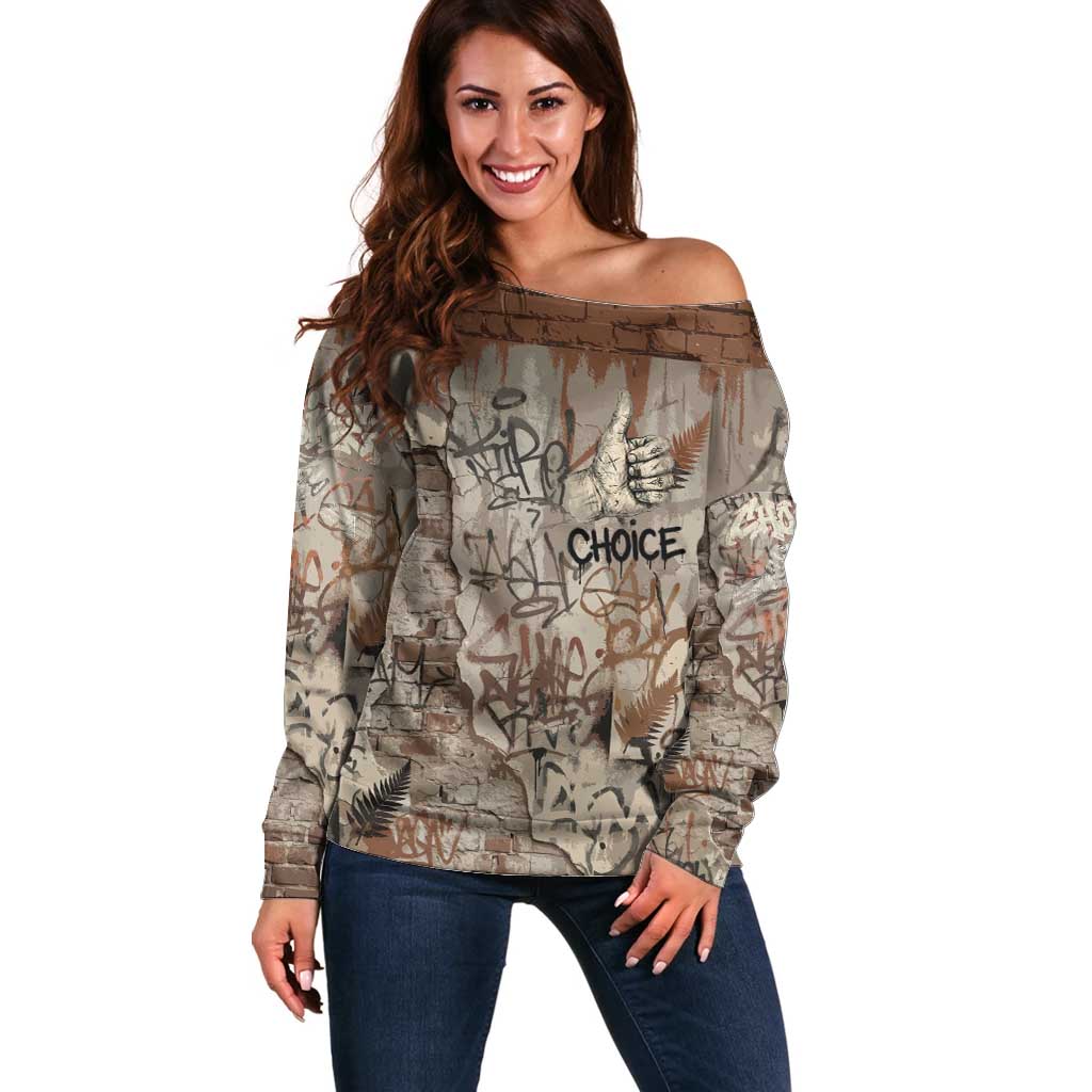 Choice Bro Graffiti Handshake Off Shoulder Sweater New Zealand Slang Fern Brick Wall and Urban Street Art TS04 Women Multicolor - Polynesian Pride