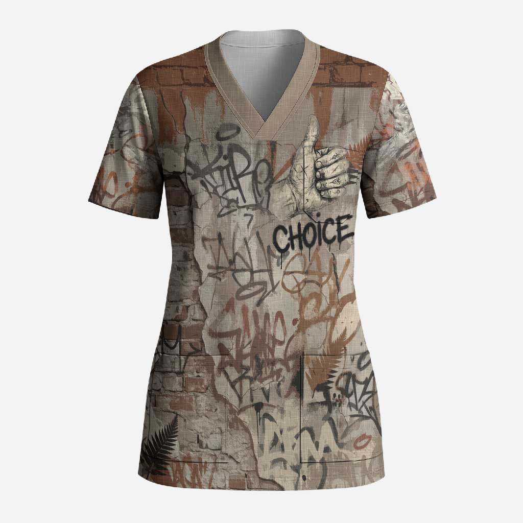 Choice Bro Graffiti Handshake Scrub Top New Zealand Slang Fern Brick Wall and Urban Street Art TS04 Adult Multicolor - Polynesian Pride