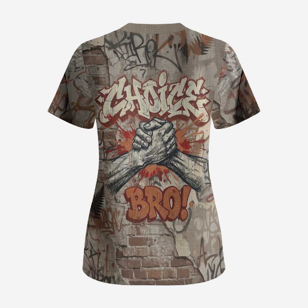Choice Bro Graffiti Handshake Scrub Top New Zealand Slang Fern Brick Wall and Urban Street Art TS04 - Polynesian Pride