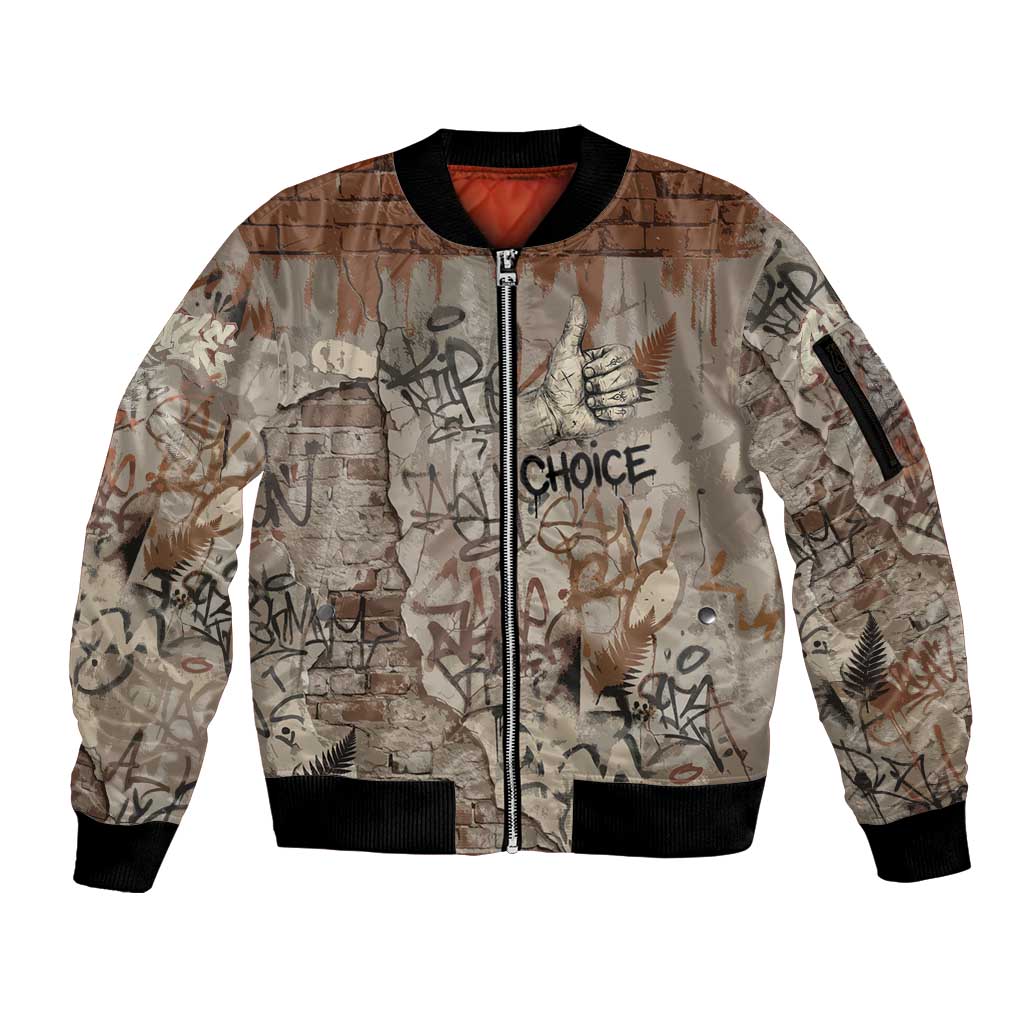 Choice Bro Graffiti Handshake Sleeve Zip Bomber Jacket New Zealand Slang Fern Brick Wall and Urban Street Art