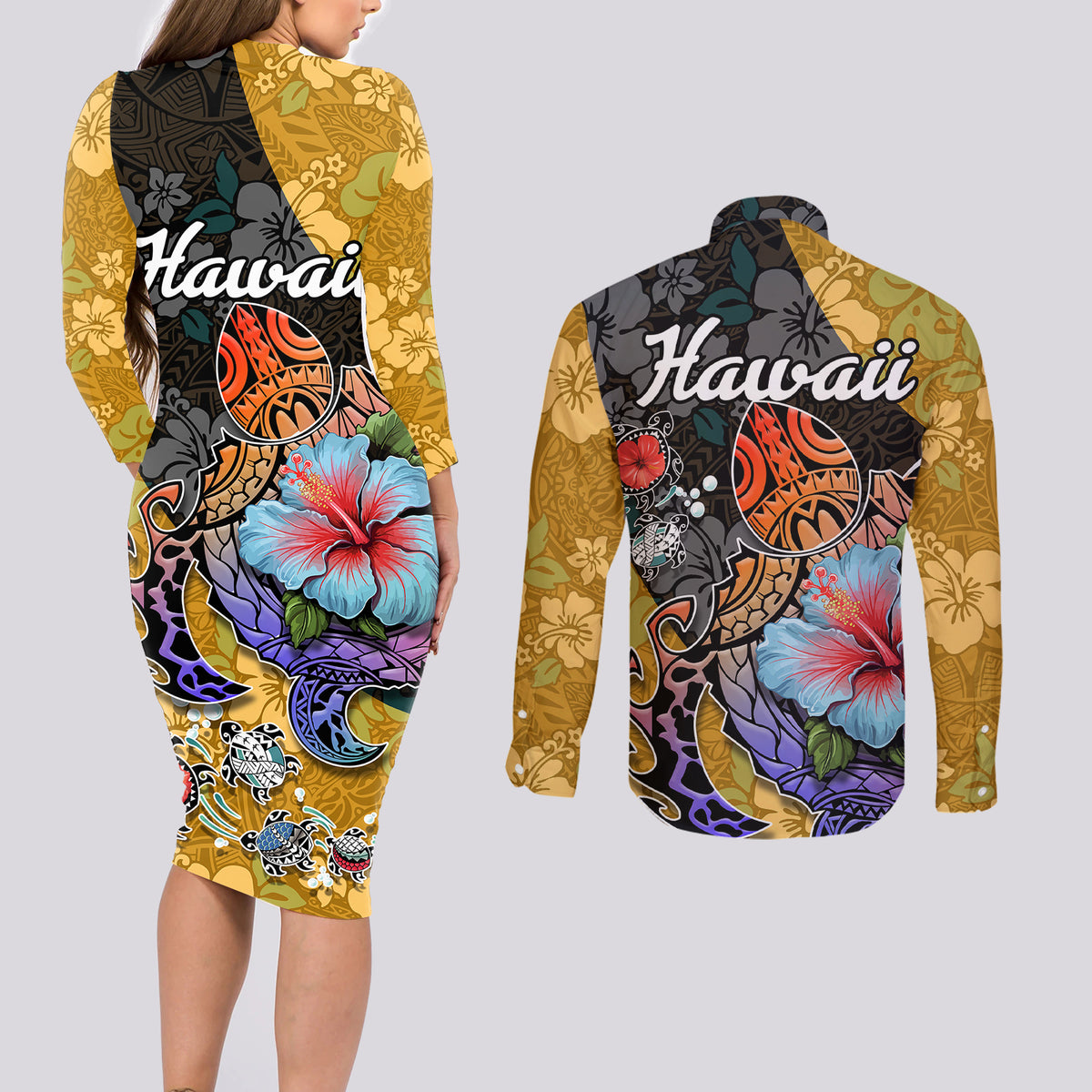 Hawaii Polynesian Couples Matching Long Sleeve Bodycon Dress and Long Sleeve Button Shirts Turtles and Hibiscus Flower Gradient Pattern TS04 - Polynesian Pride