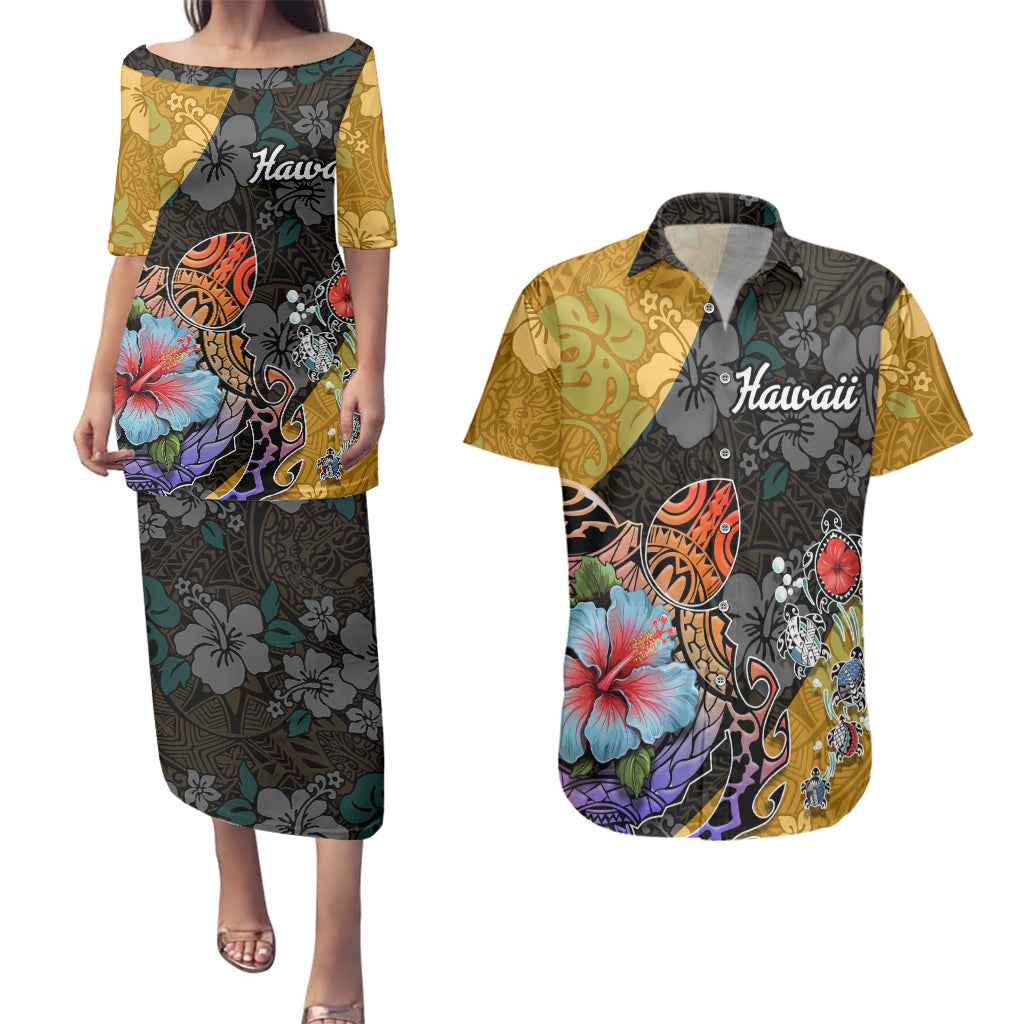 Hawaii Polynesian Couples Matching Puletasi Dress and Hawaiian Shirt Turtles and Hibiscus Flower Gradient Pattern TS04 Multicolor - Polynesian Pride